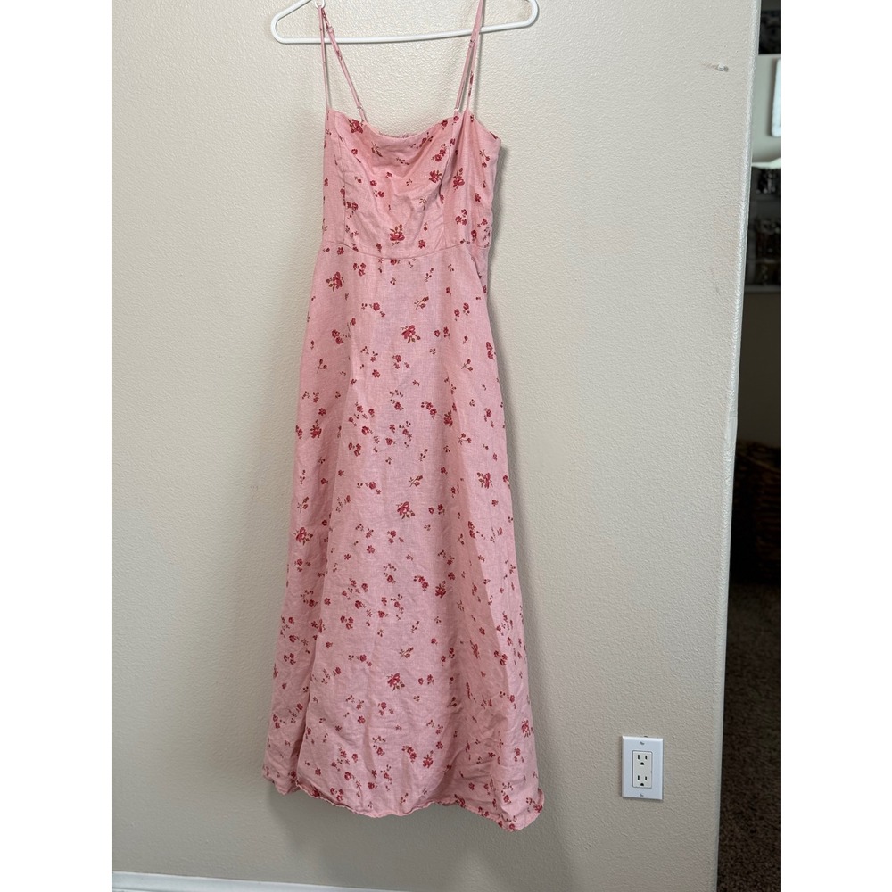 Reformation Pink Floral Linen Midi Dress Size 8 Smocked Back Spaghetti Strap